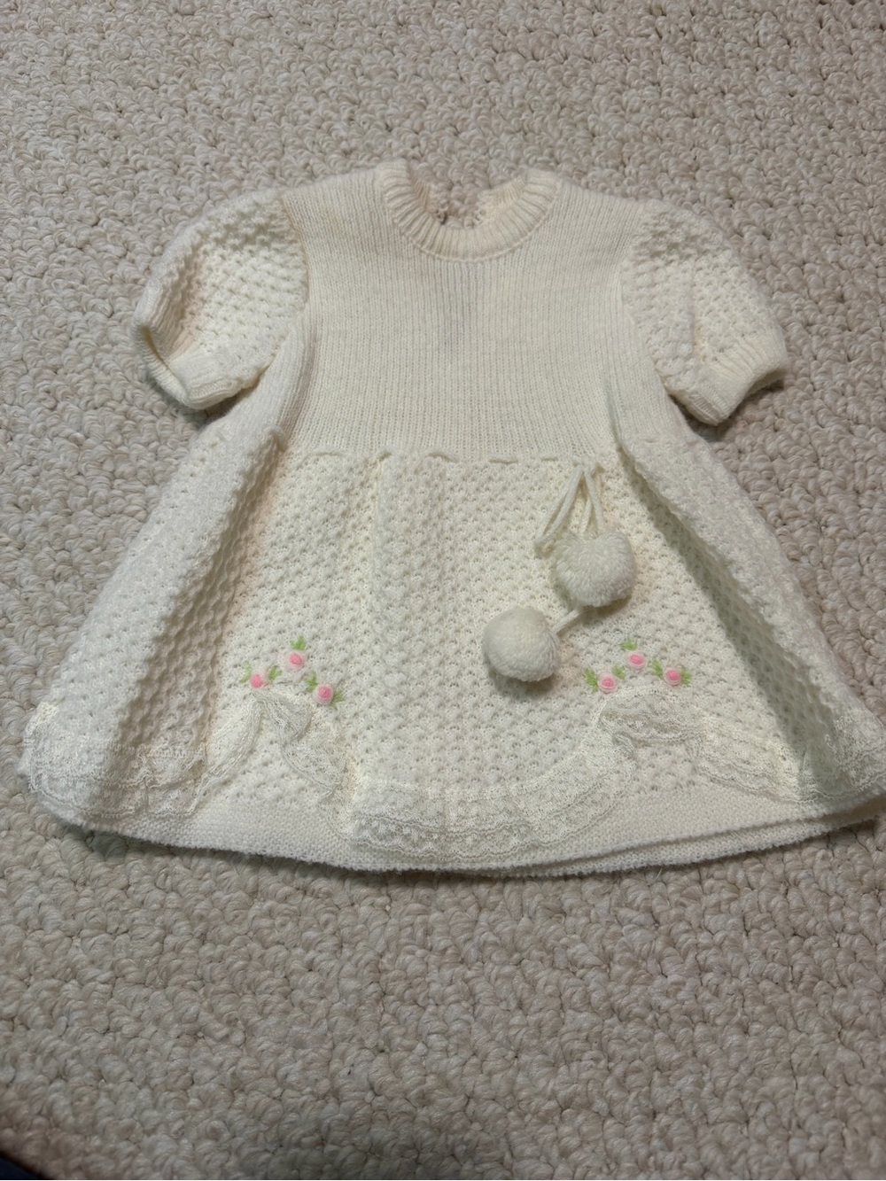 Vintage 60s Renzo Imports Cream Knit Baby Sweater Dress
